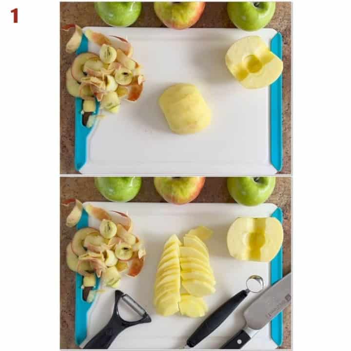 Collage of peeling, coring, & slicing apples.