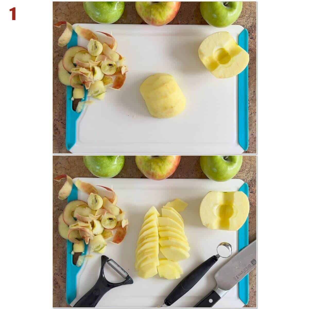 Collage of peeling, coring, & slicing apples.