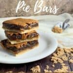 Brown Sugar Pie bars stacked on a white plate on a wood table sprinkled with brown sugar Pinterest banner..