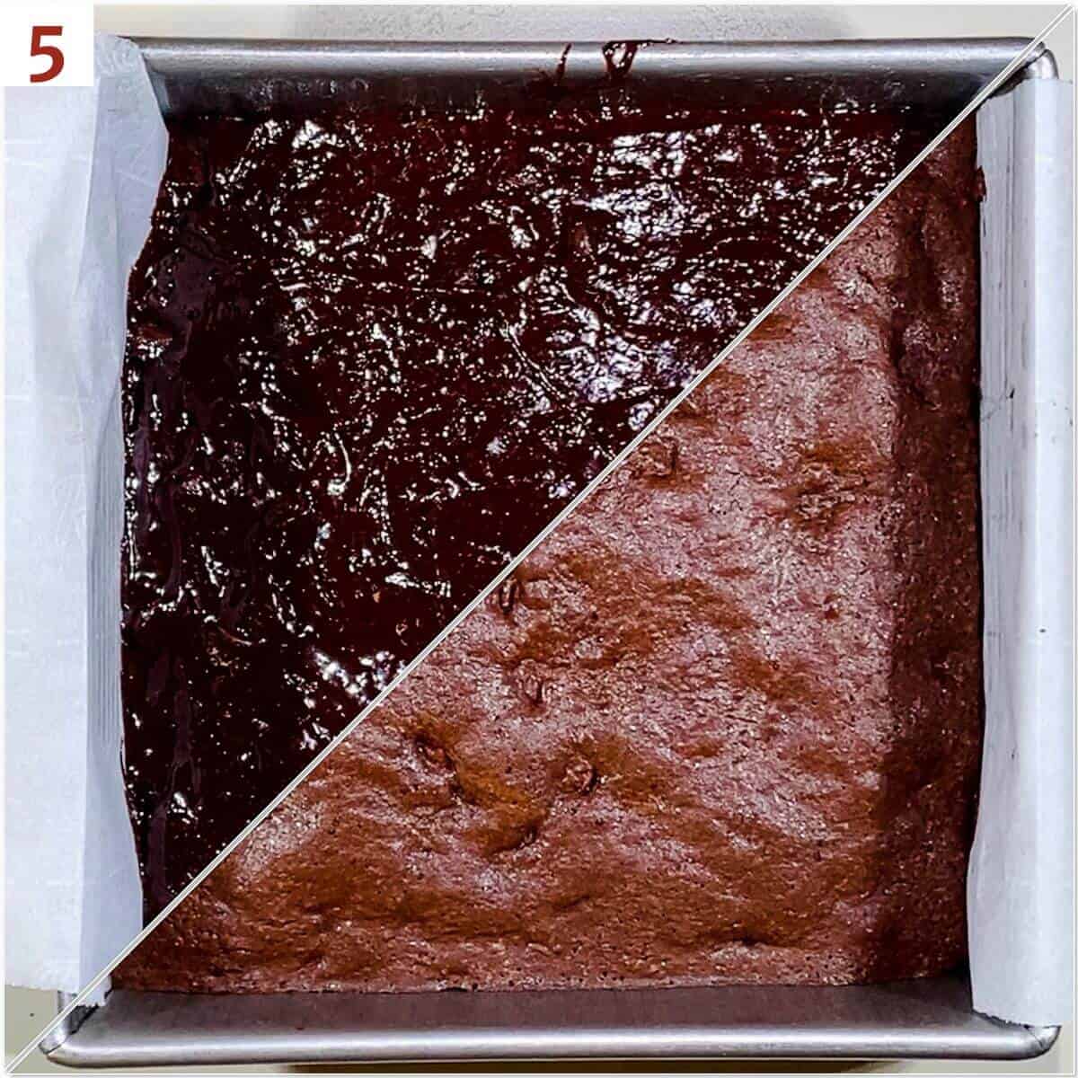 Collage of cake brownies before & after baking.