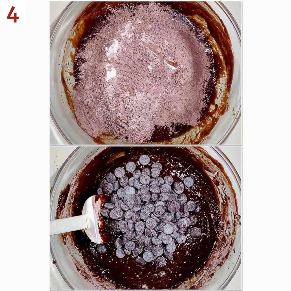 Collage of adding flour mixture and chocolate chips to brownie batter.