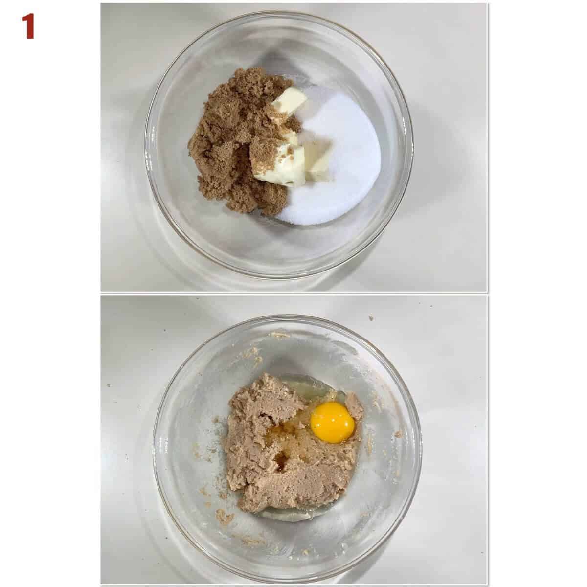 Collage of creaming butter with sugar & adding egg to cookie dough.