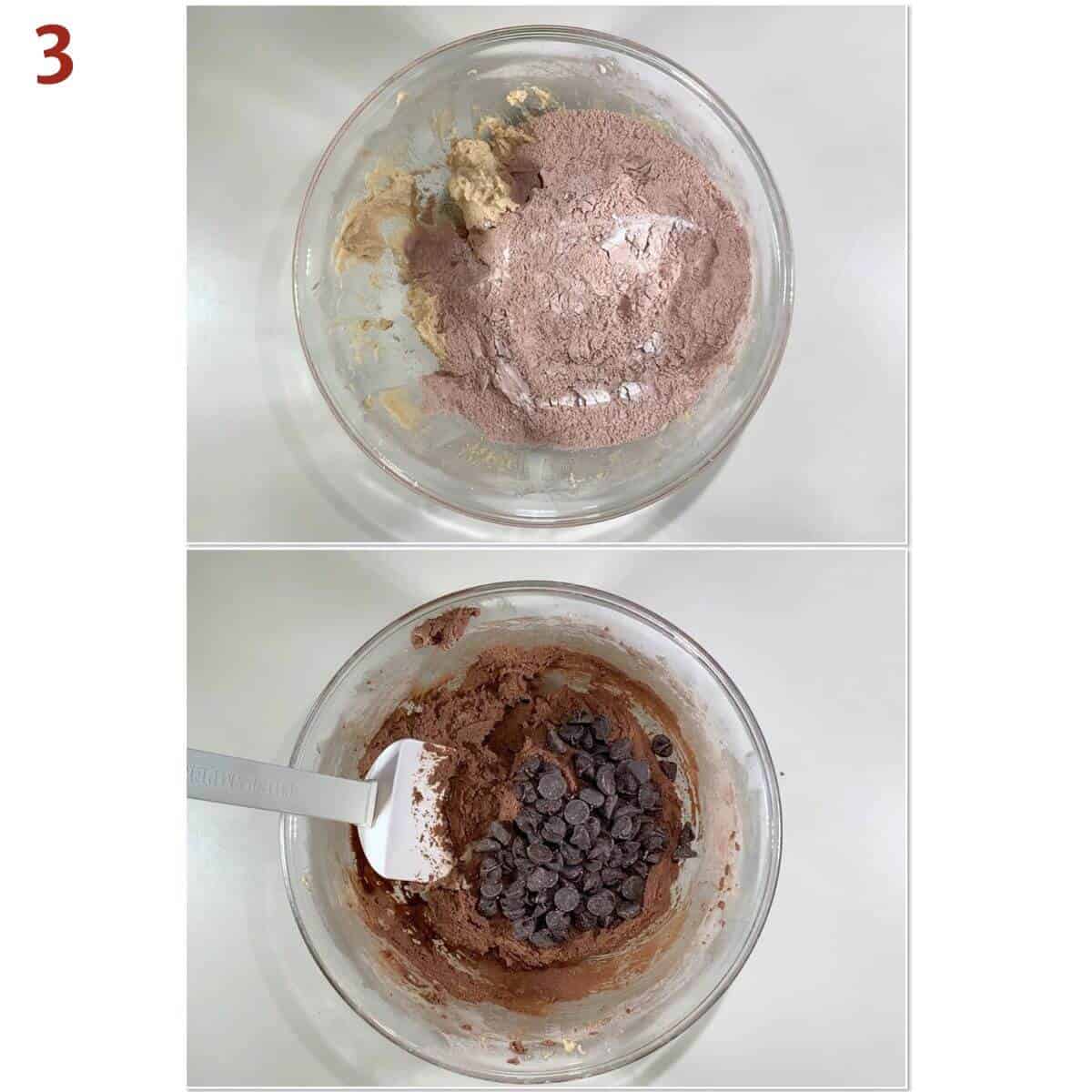 Collage of adding flour mixture and chocolate chips to cookie dough.