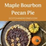 Pecan Pie on a wooden tray with gourds from overhead Pinterest banner.