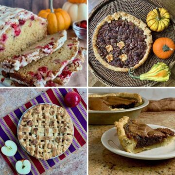 Collage of Cranberry Bread, Pecan Pie, Lattice Topped Apple Pie, and Butterscotch Pie for Thanksgiving.