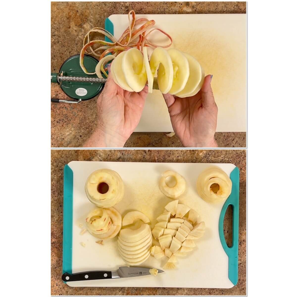 Collage of peeling and slicing apples with an apple peeler/corer/slicer.