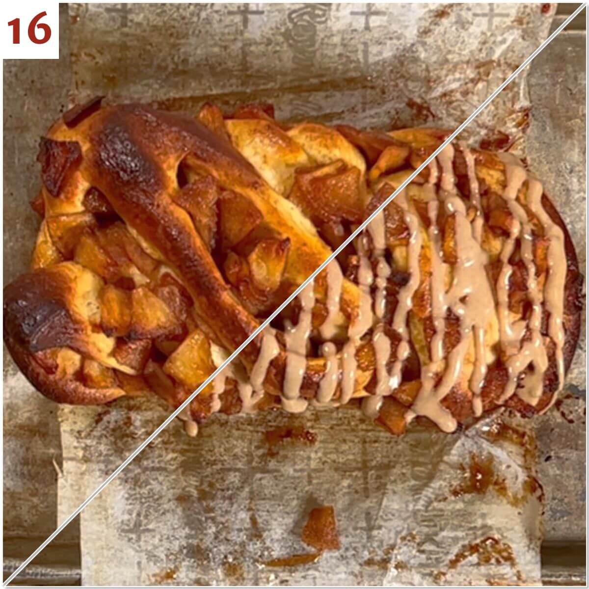 Collage of before and after glazing the baked apple honey babka.