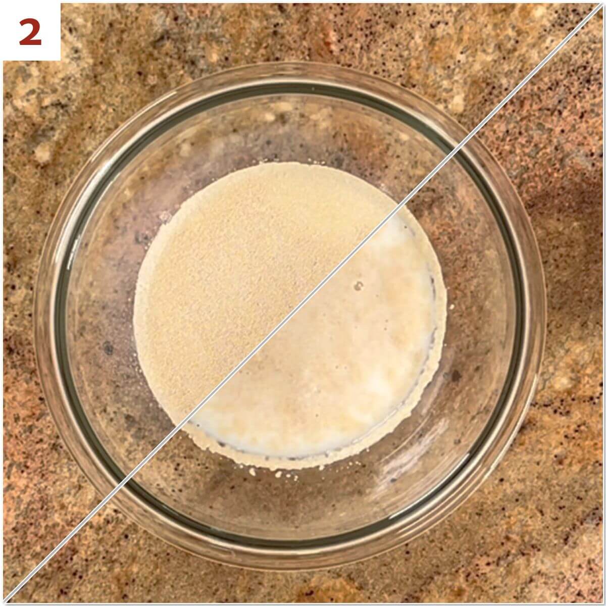 Collage of before and after proving the yeast in the warmed milk.