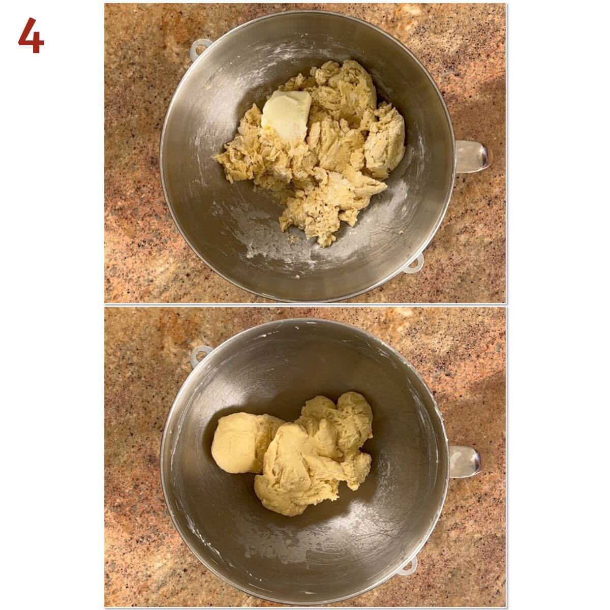 Collage of before and after adding butter to the brioche dough.