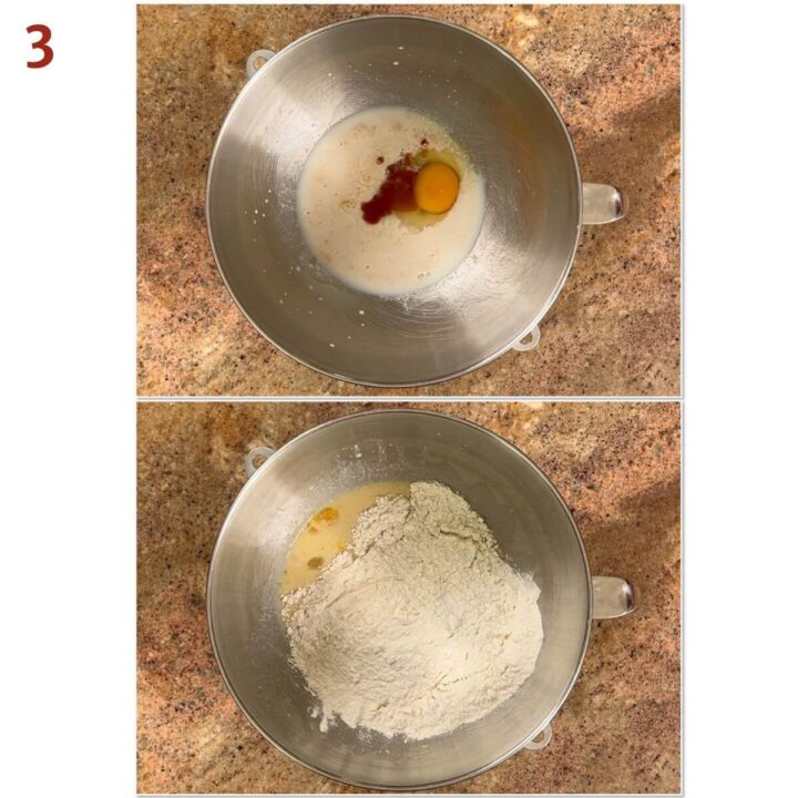 Collage of mixing the brioche dough ingredients in a large metal bowl from a stand mixer.