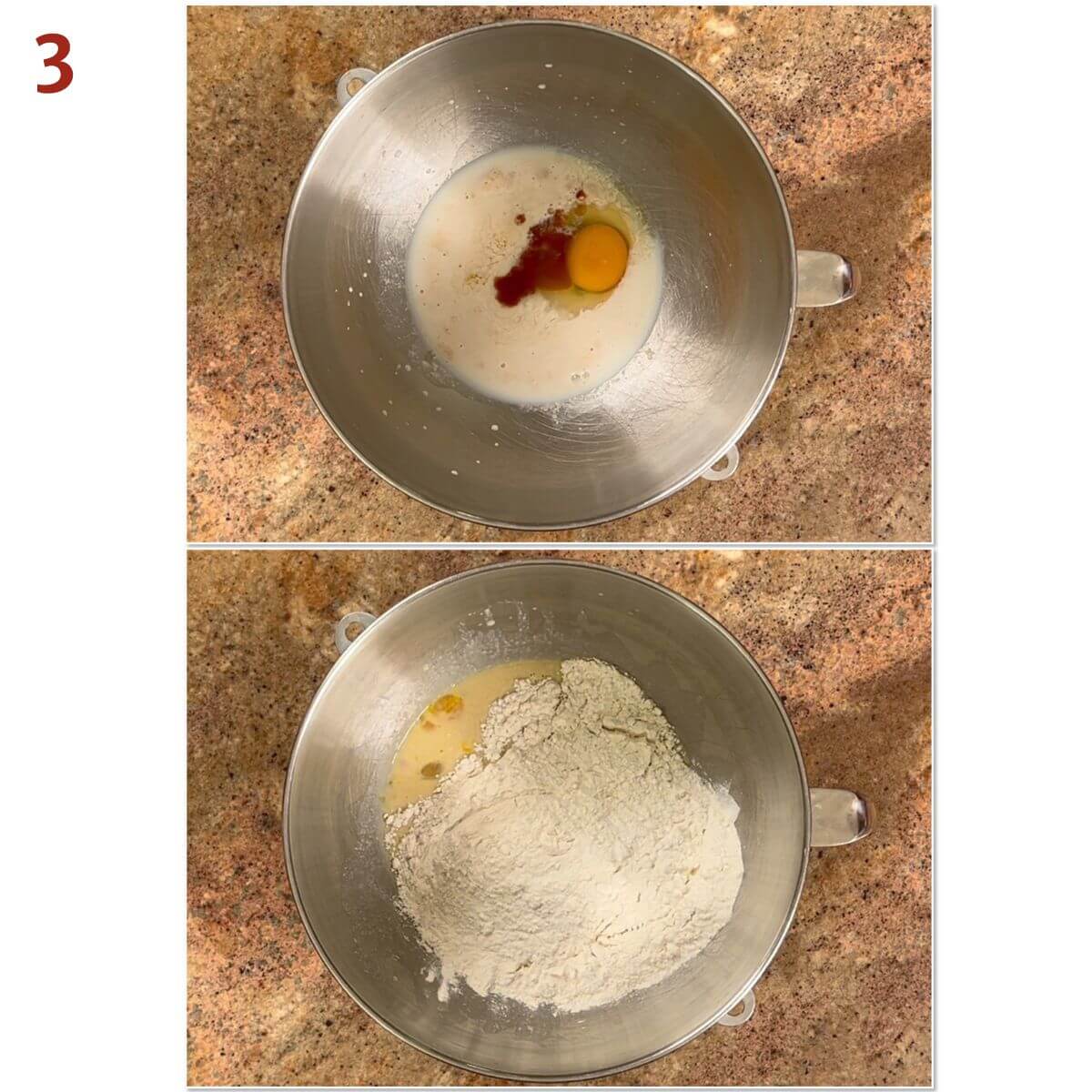 Collage of mixing the brioche dough ingredients in a large metal bowl from a stand mixer.