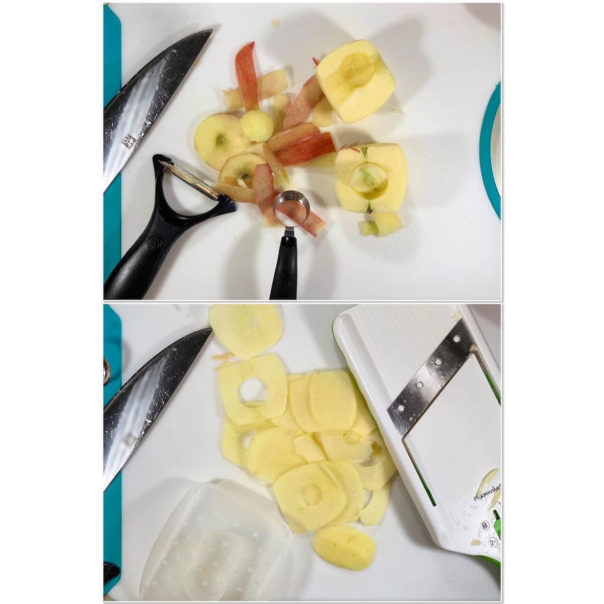 Collage of peeling and slicing apples with a peeler and a mandolin.