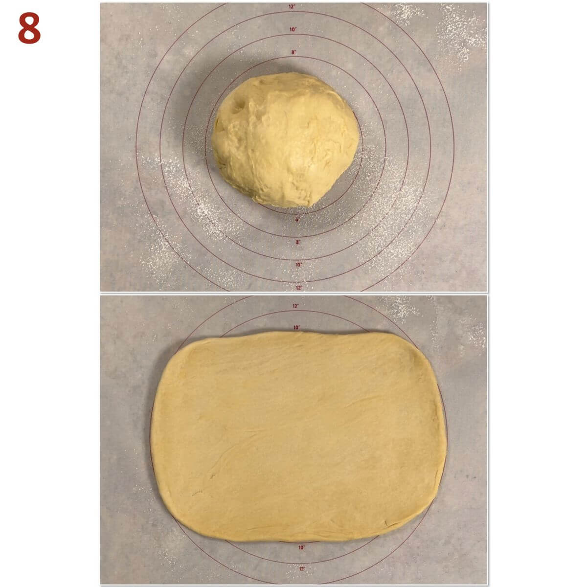 Collage of before and after rolling out brioche dough into a rectangle.