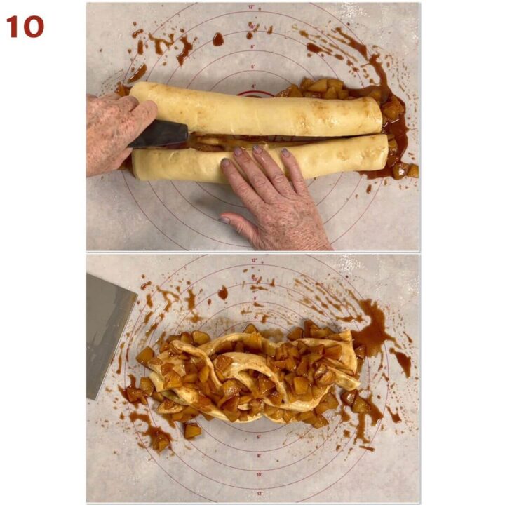 Collage of slicing and shaping rolled babka dough.