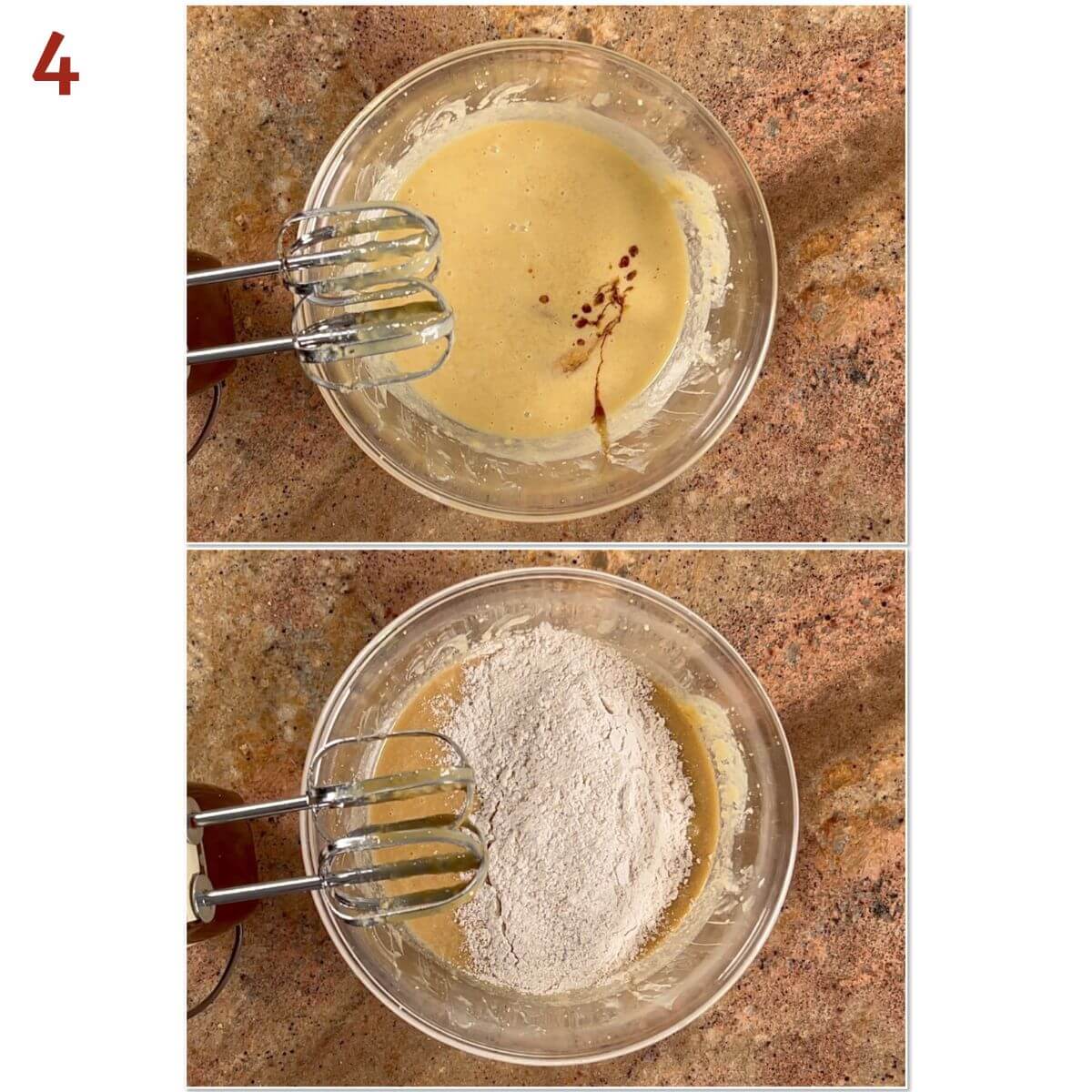 Collage of adding boiled cider and the flour mixture to the cookie batter.