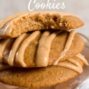 Apple spice cookies stacked on a glass stand with a bite out of the top one Pinterest banner.