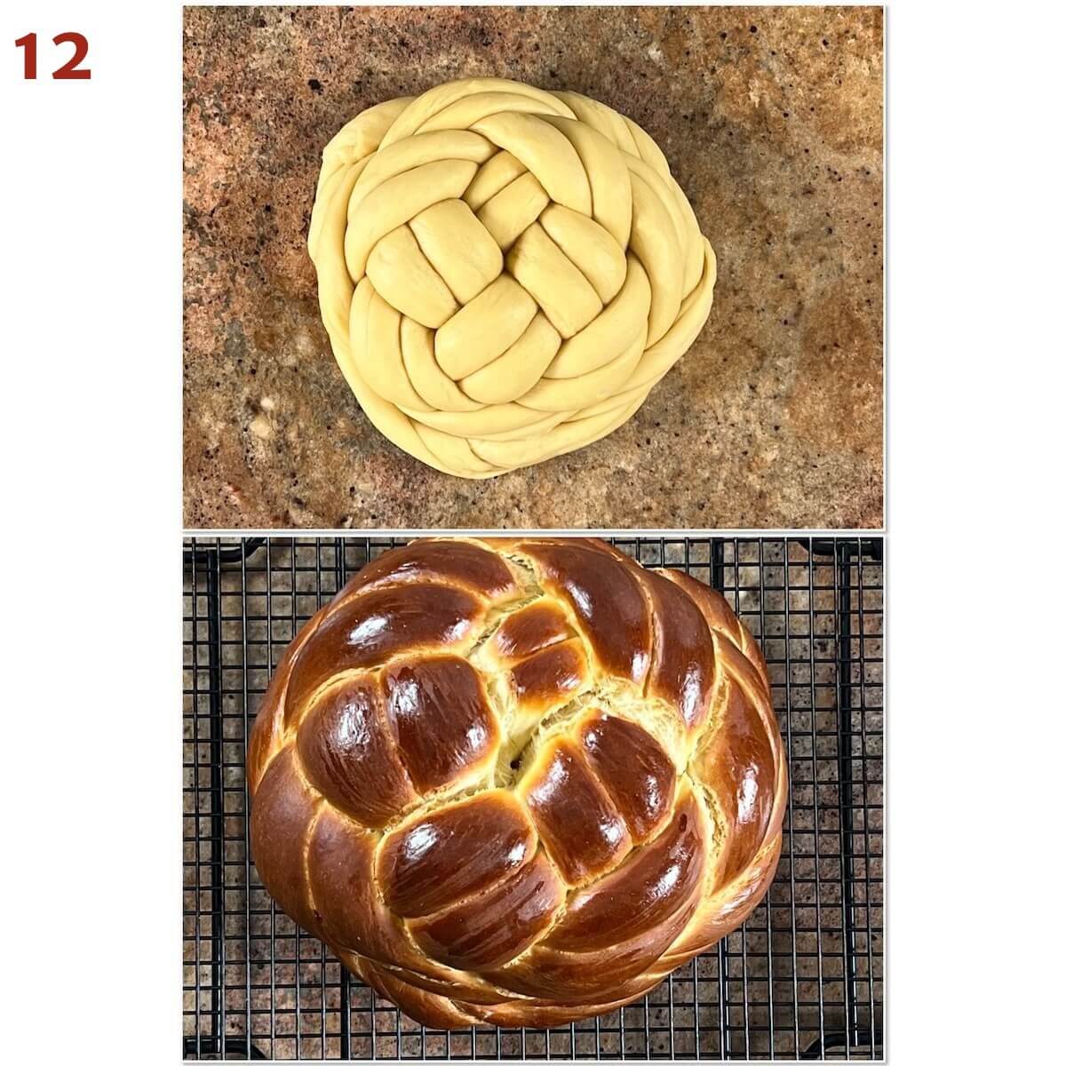 Collage of an eight-strand double weave round challah before and after baking.