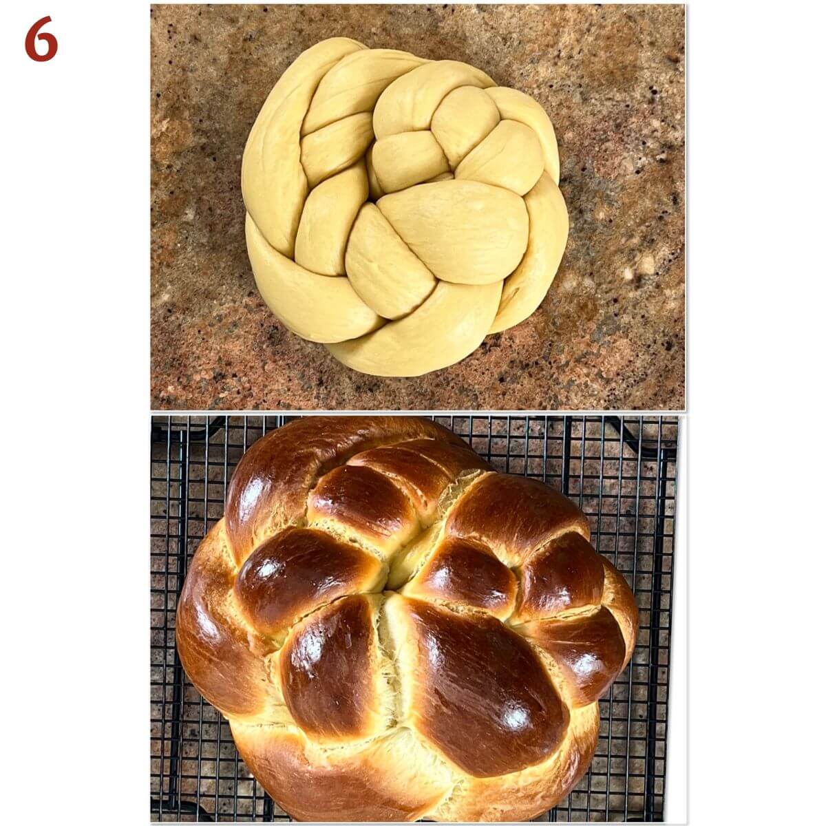 Collage of an three-strand braided spiral round challah before and after baking.