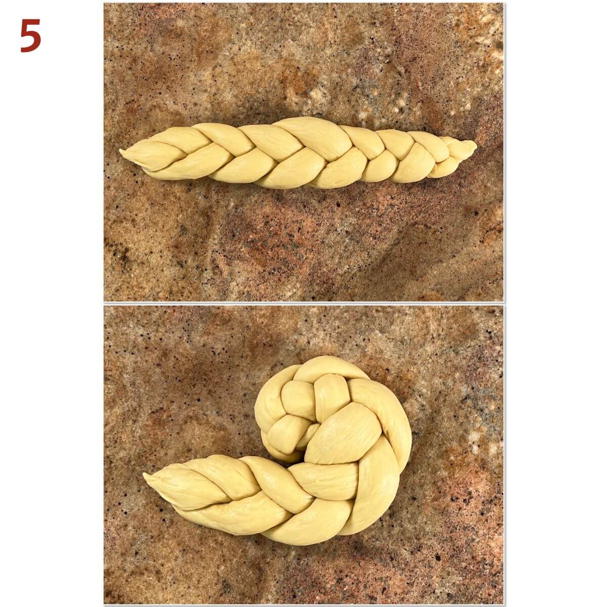 Collage of rolling up a three-strand braid into a spiral round challah.