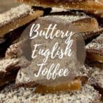 English Toffee stacked on a white plate Pinterest banner.