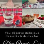 Collage of Port Wine cake, eggnog, glass of Four Roses Bourbon, Chocolate Mousse Cake Pinterest banner..