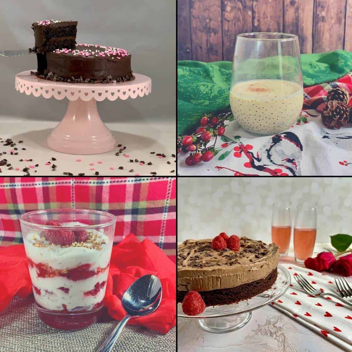 Collage of Port Wine cake, eggnog, glass of Four Roses Bourbon, Chocolate Mousse Cake.