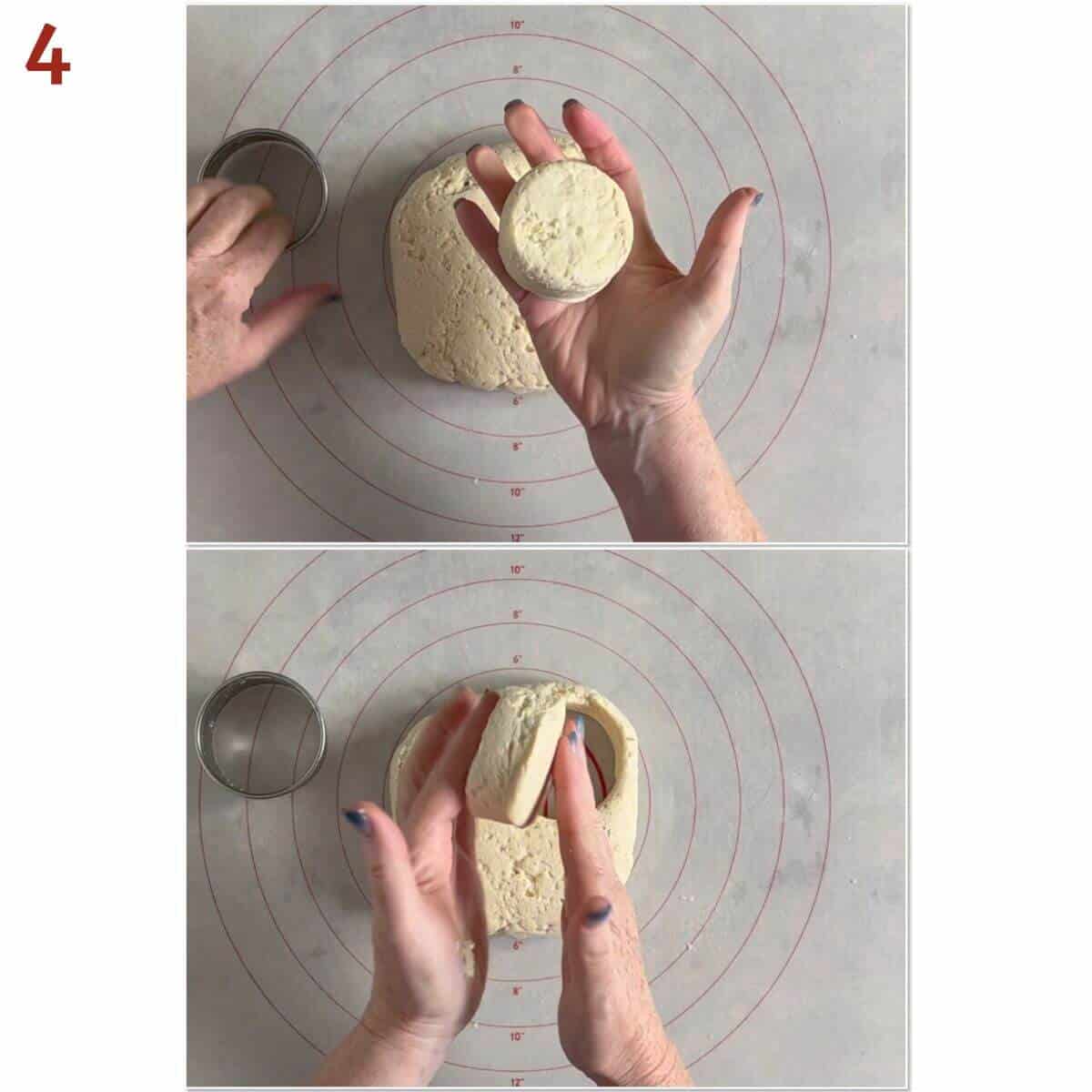 Collage of displaying cut biscuit dough rounds seen from top & side.