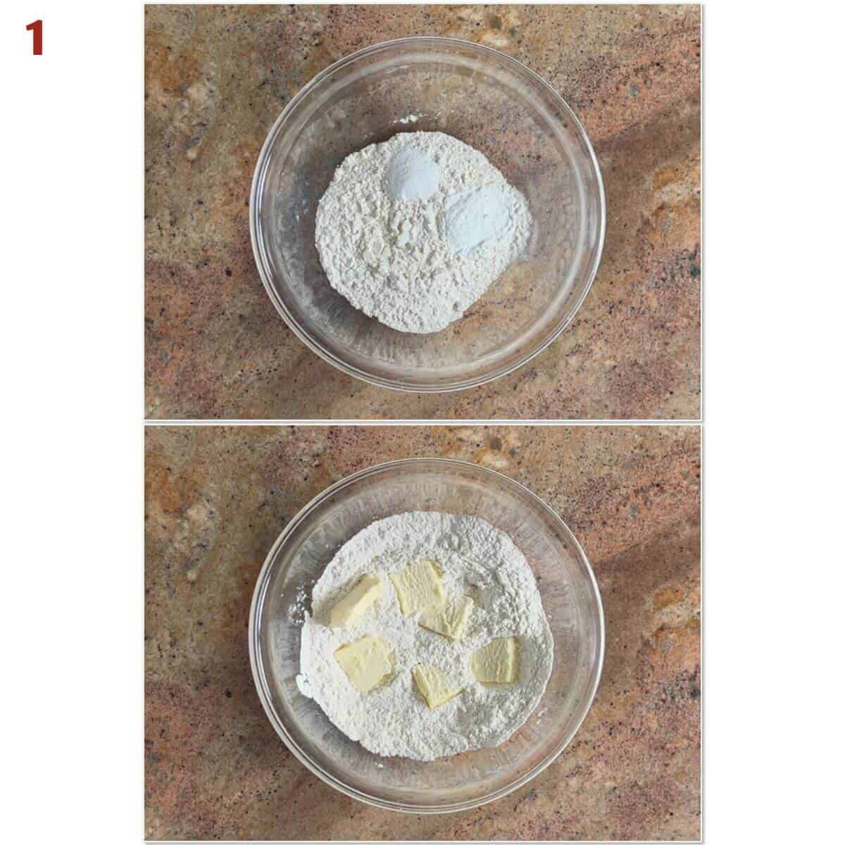Collage of mixing flour, baking powder, salt, and butter in a glass bowl from overhead.
