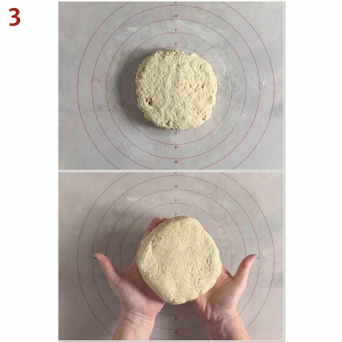 sourdough biscuits dough before & after smoothing into disc collage