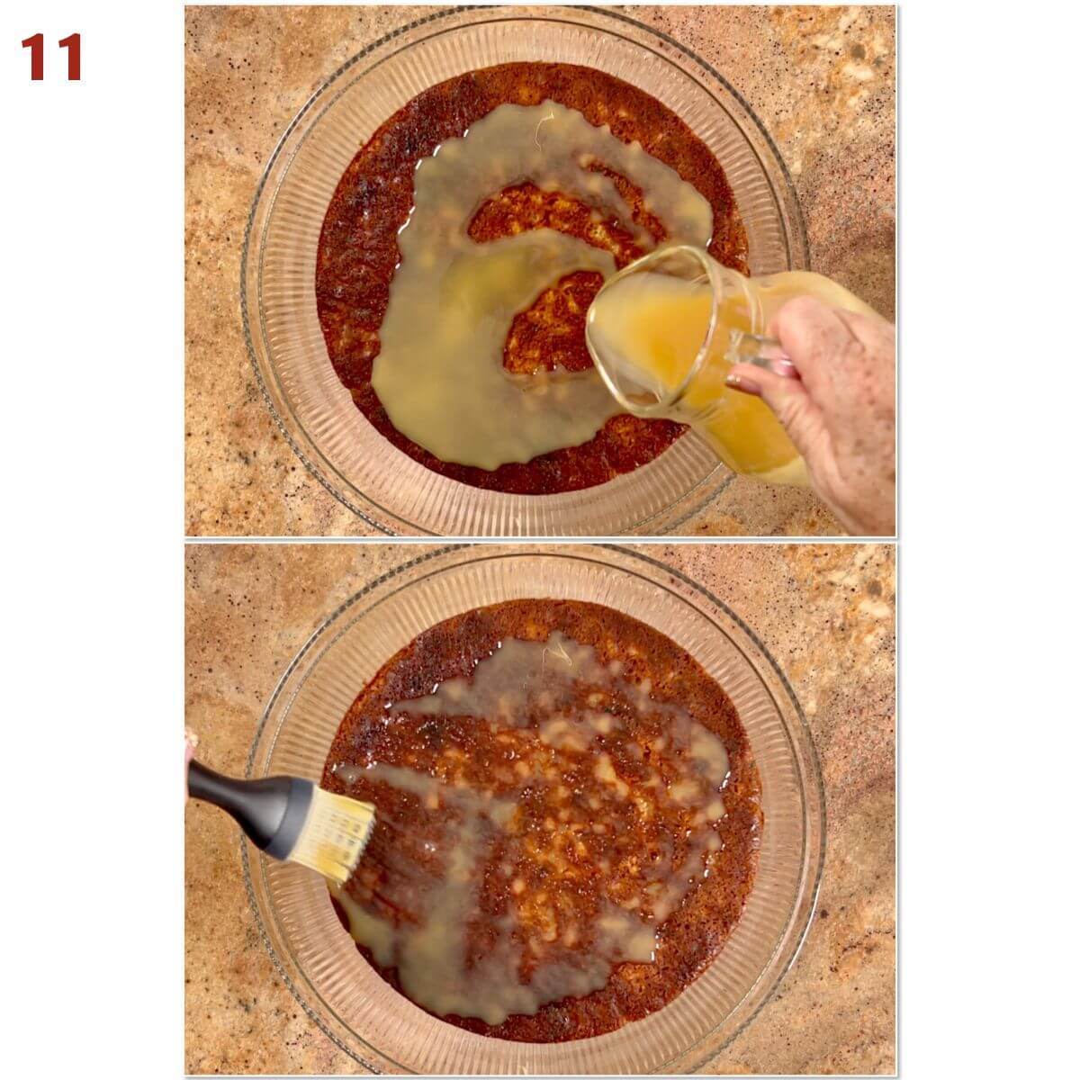 Collage of pouring honey toffee sauce on the cake then brushing it all over.