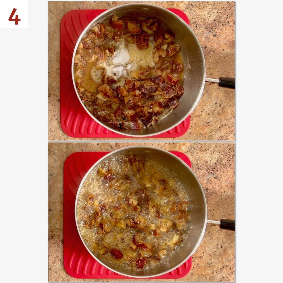 Collage of adding baking soda to the boiled dates.