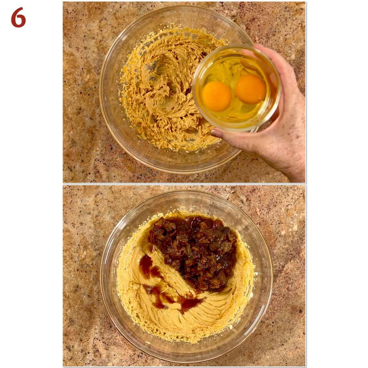 Collage of adding eggs, vanilla, and softened dated to the cake batter.