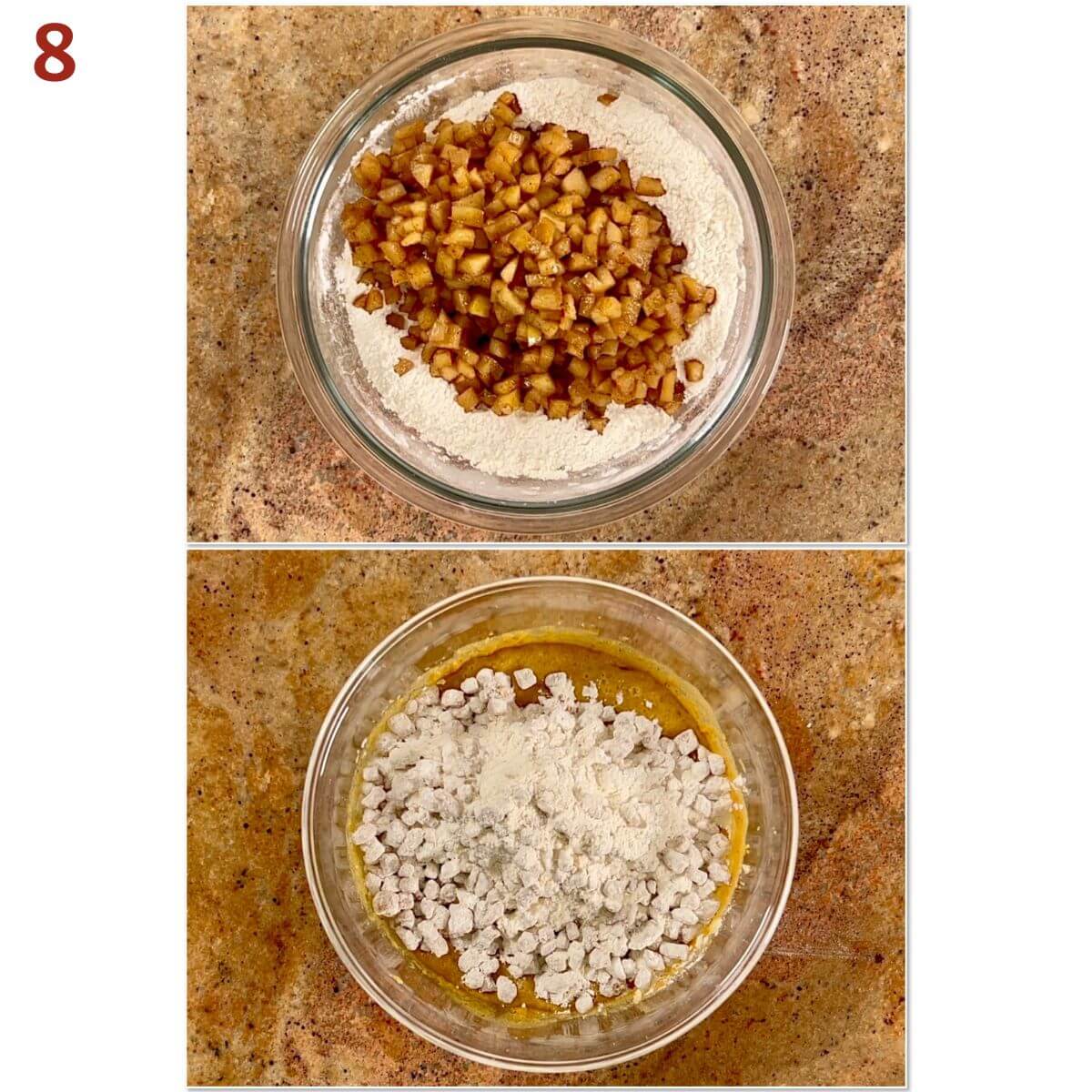 Collage of adding apples to the flour mixture, then adding to the cake batter.