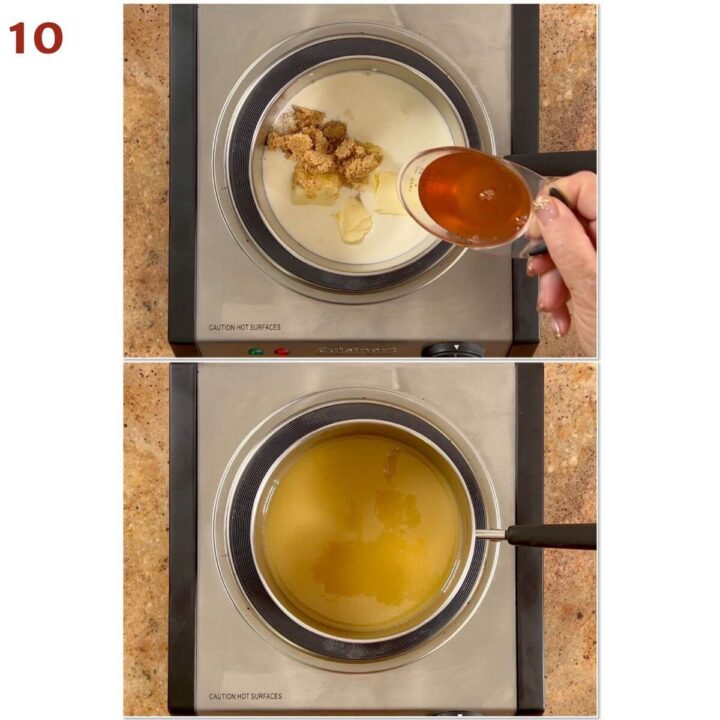 Collage of combining heavy cream, brown sugar, butter, and honey to make honey toffee sauce.