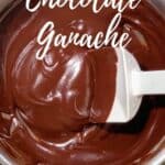 Chocolate ganache in a metal bowl with a white spatula Pinterest banner.