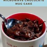 Chocolate mug cake with inserted spoon Pinterest banner.