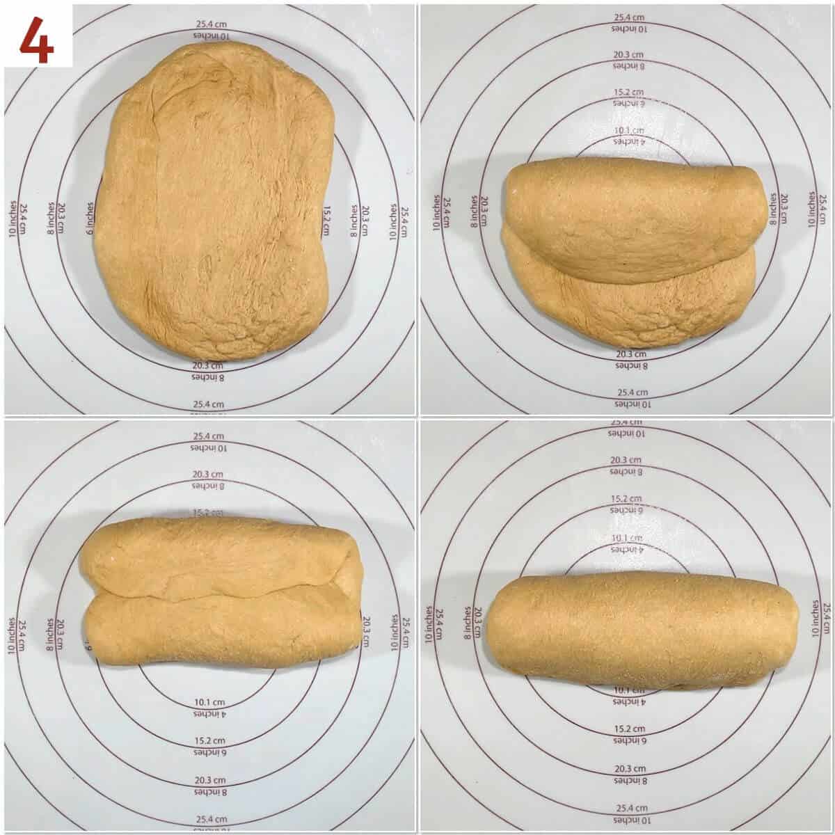 Collage of shaping bread dough into a loaf.