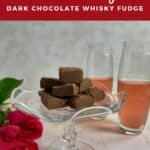 dark chocolate whisky fudge stacked on a white plate Pinterest banner