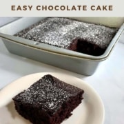 Piece of chocolate cake on a white plate with sliced cake in background Pinterest banner.