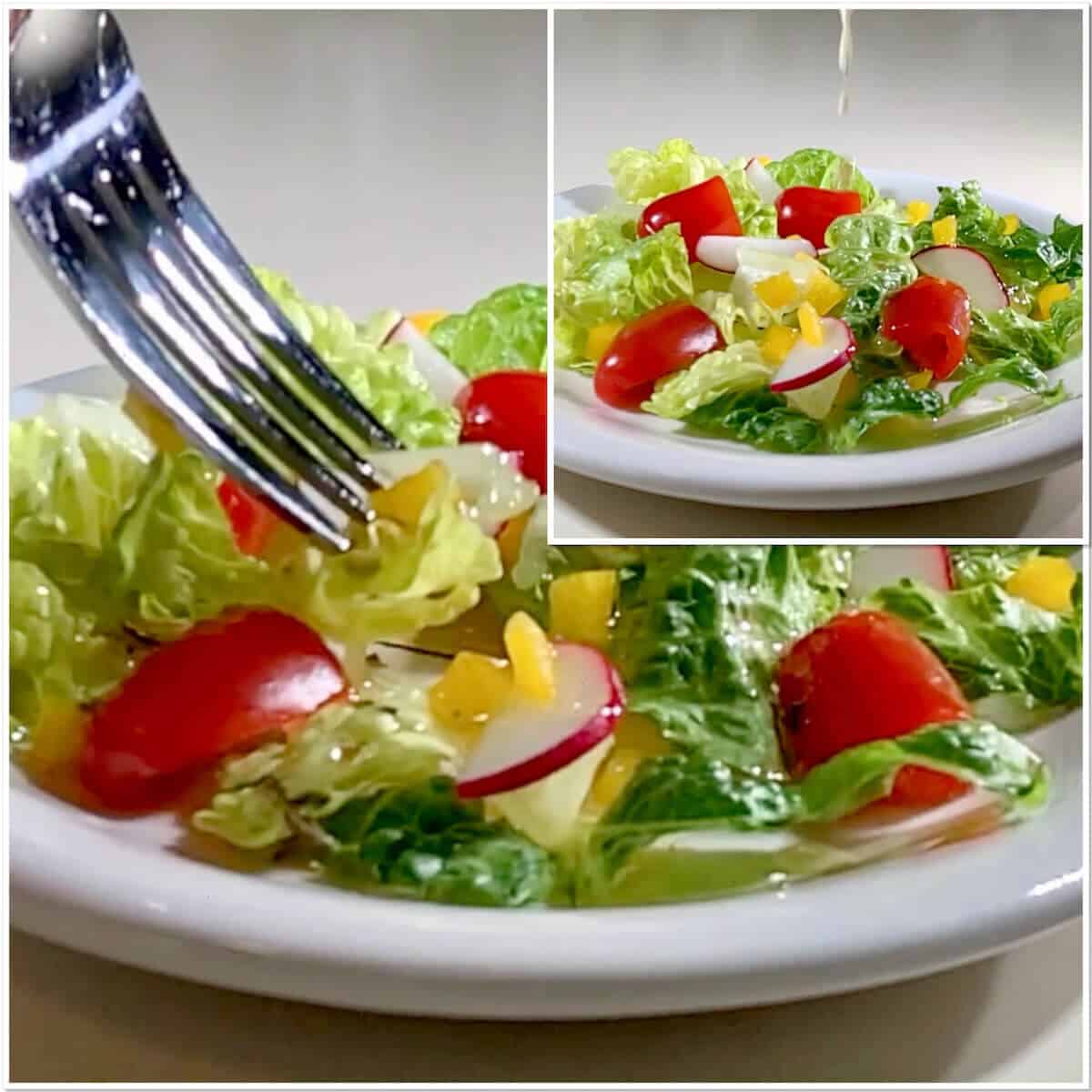 Collage of salad with fork and herb vinaigrette dripping on salad.