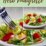 Closeup of salad with fork and herb vinaigrette dripping on salad Pinterest banner.