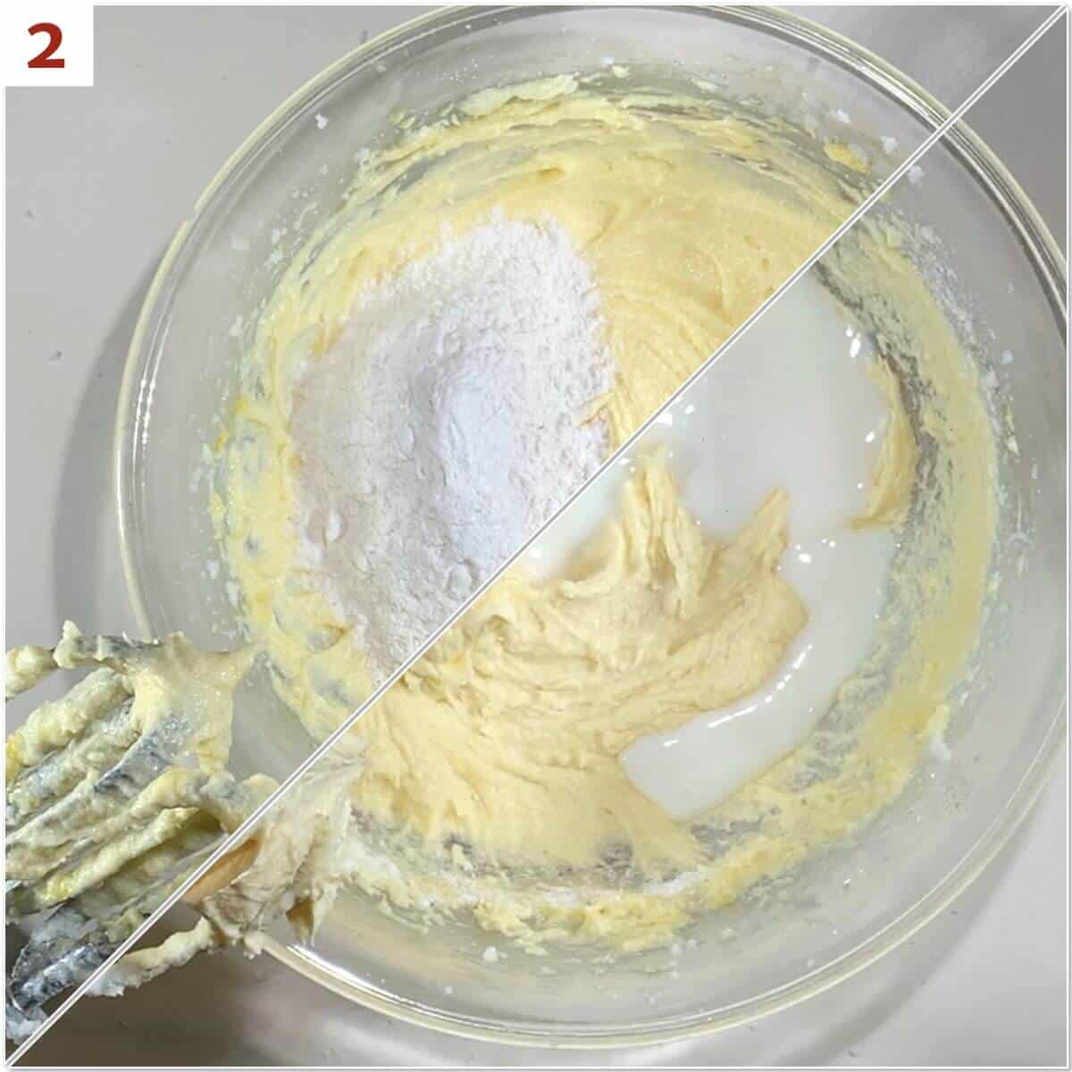 Collage of adding flour & milk to cake batter.