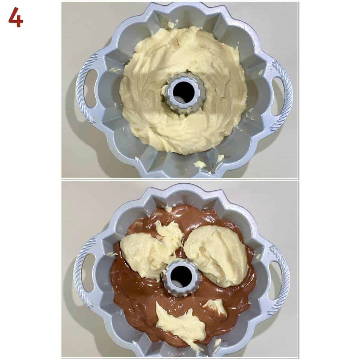 Collage of layering batter for marble cake.