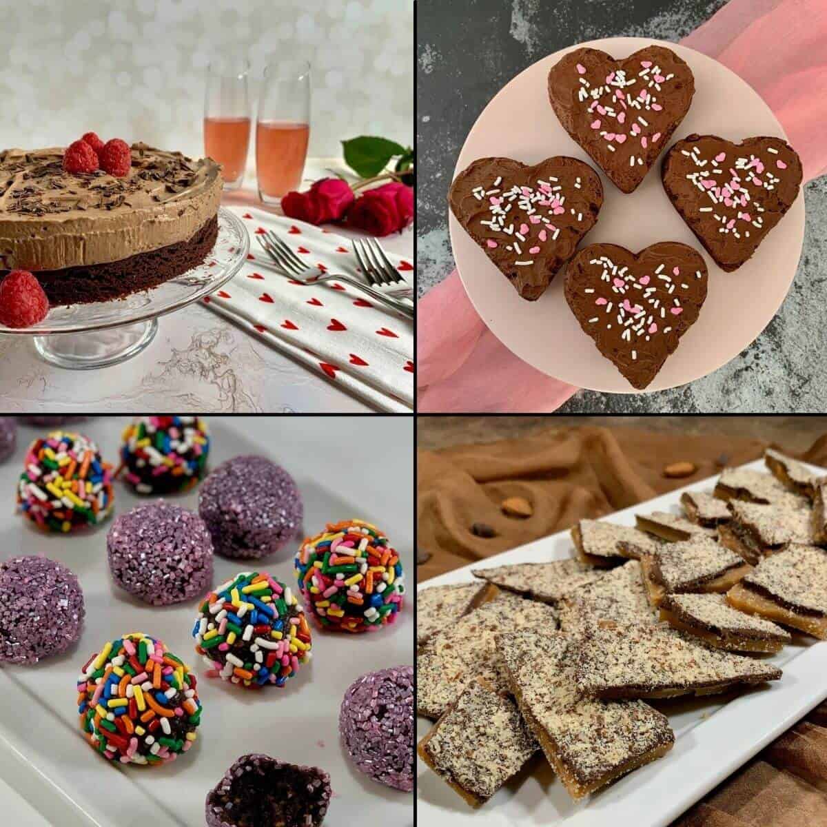 Collage of heart-shaped fudge brownies, english toffee, chocolate mousse cake, english toffee, and chocolate truffles.