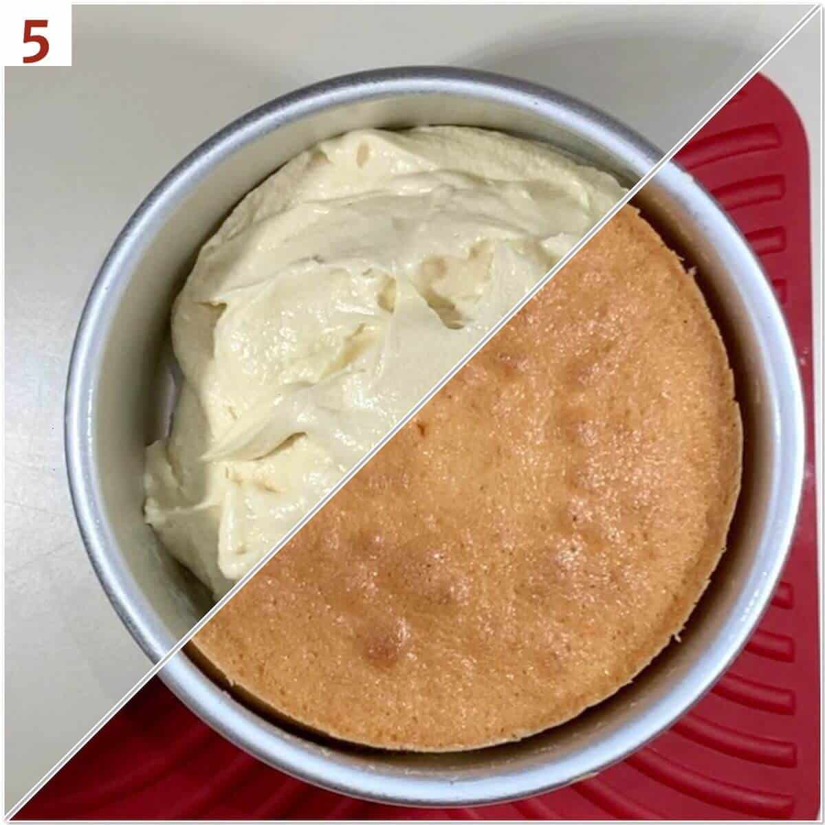 Collage of cake in baking pan before and after baking.