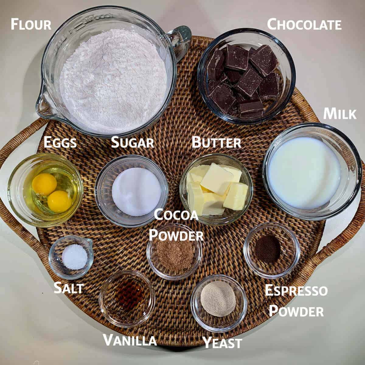 Chocolate Fudge Babka ingredients portioned into glass bowls from overhead.