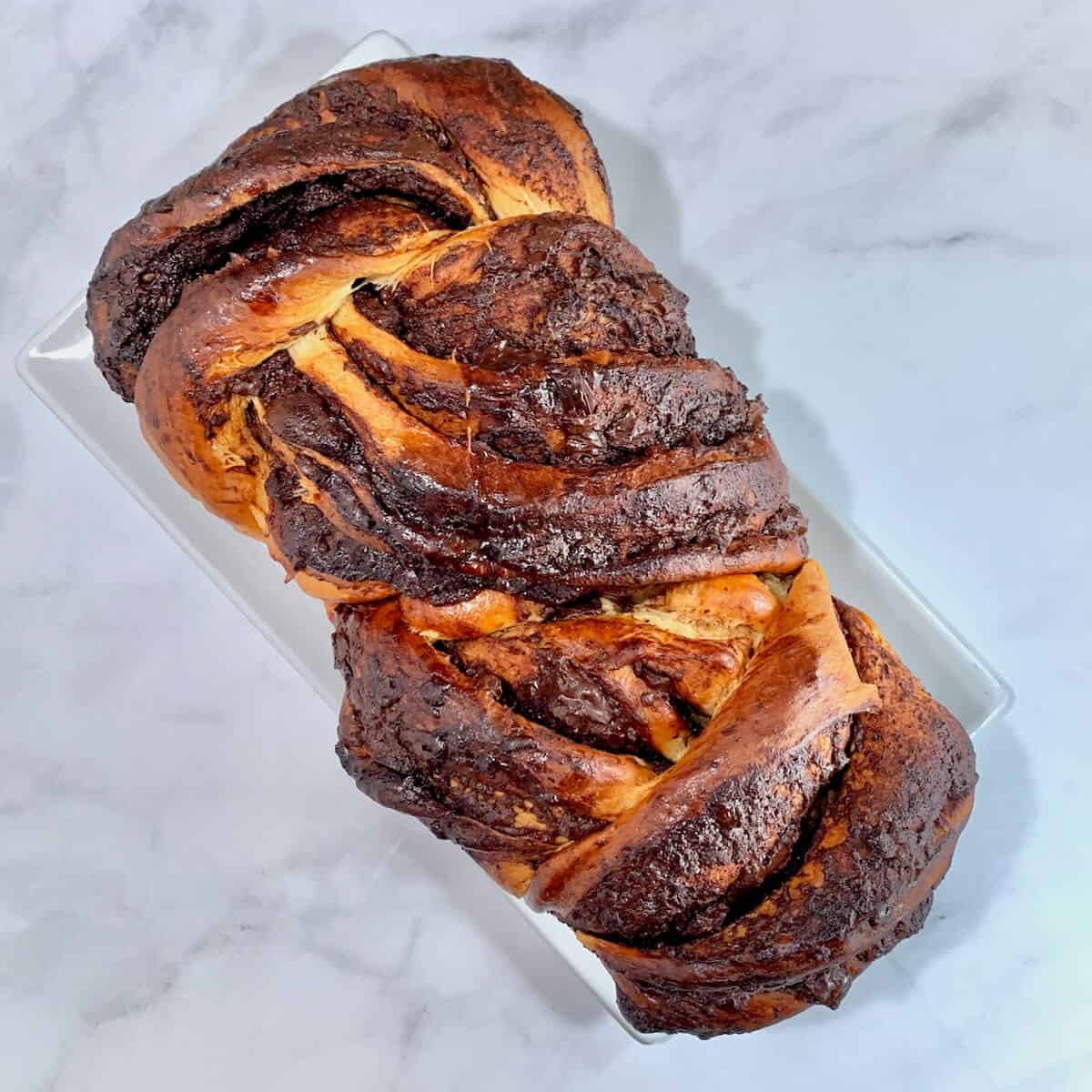 Chocolate Fudge Babka loaf viewed from overhead.