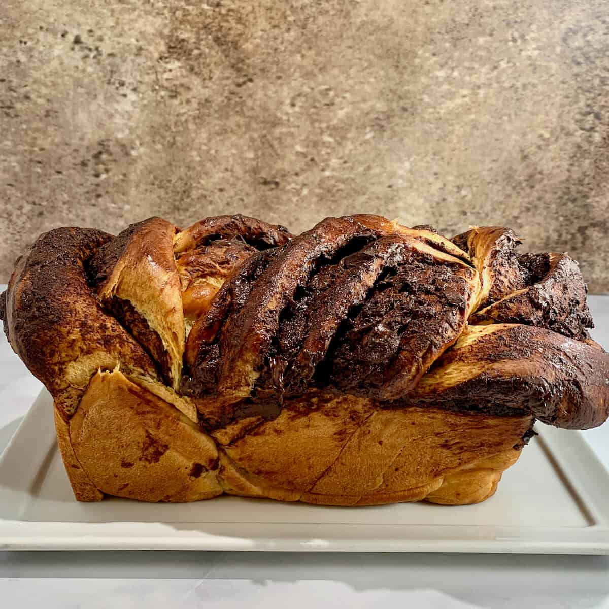 Chocolate Fudge Babka loaf viewed from side.