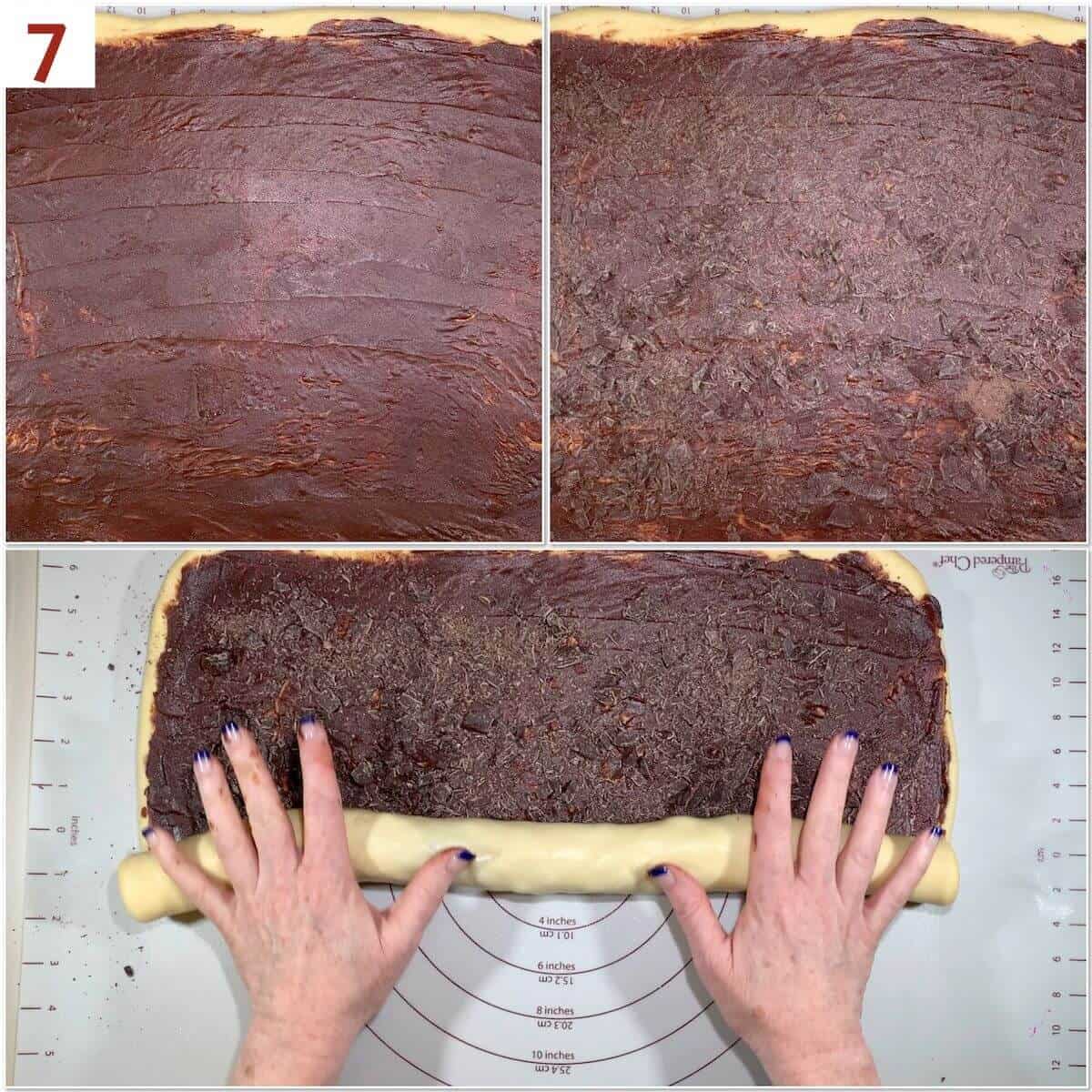 Collage of filling & rolling babka dough.