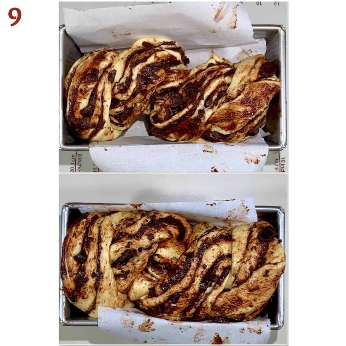 Collage of shaped babka dough rising in the pan.